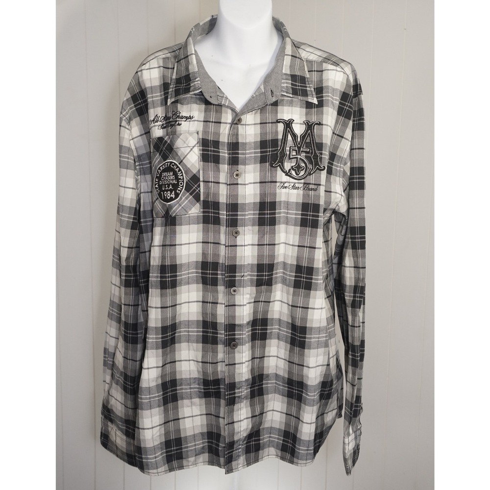 Mecca USA 2XL Plaid Button Down Shirt Black White Embroidered Patches